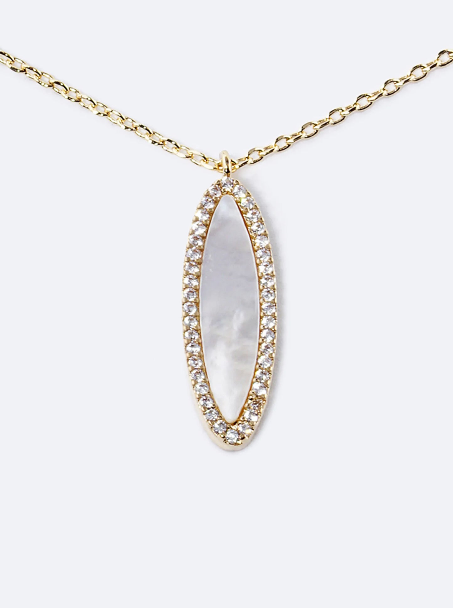 18K Gold Dipped Oval Mother Of Pearl CZ Halo Pendant Necklace