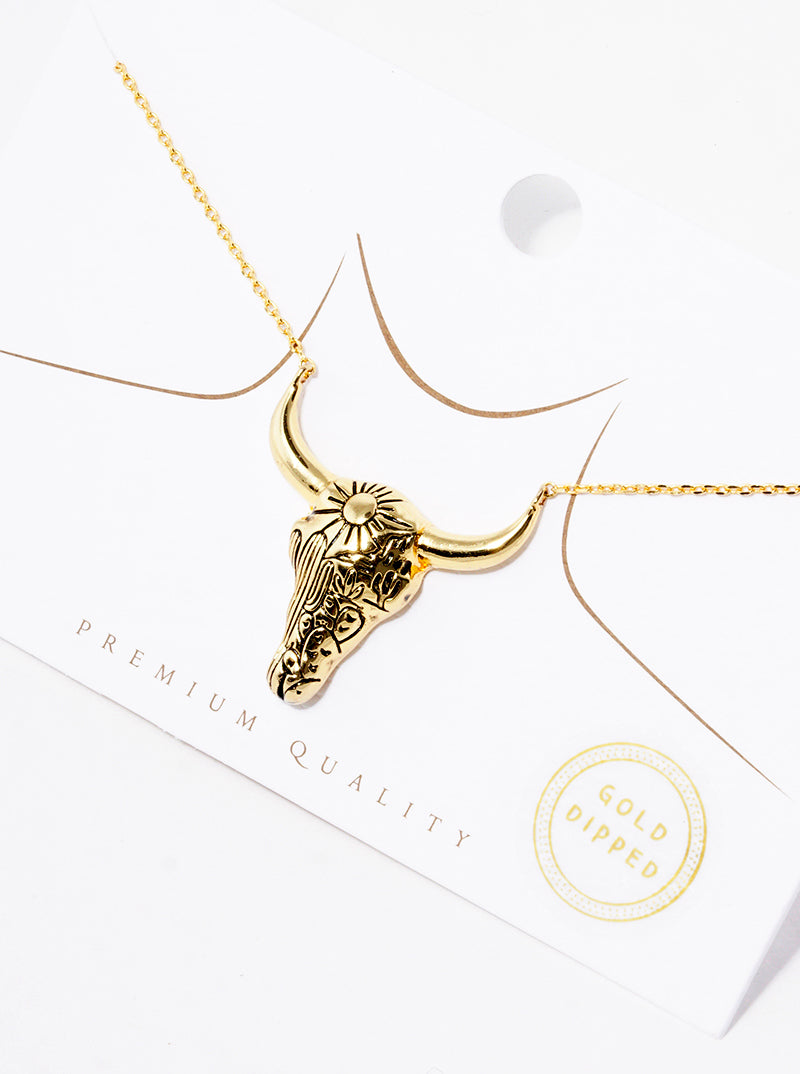 18K Gold Dipped Pattern Engraved Bull Head Pendant Necklace