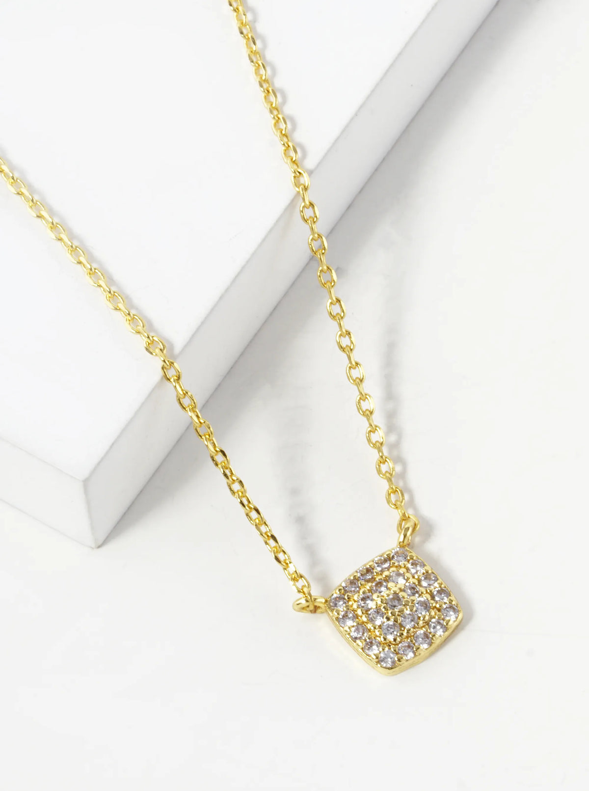 18K Gold Dipped Pave Cubic Zirconia 6mm Square Pendant Necklace