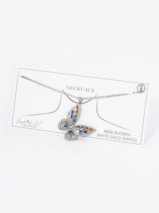 18K Gold Dipped Pave Cubic Zirconia Embellishments Butterfly Pendant Necklace