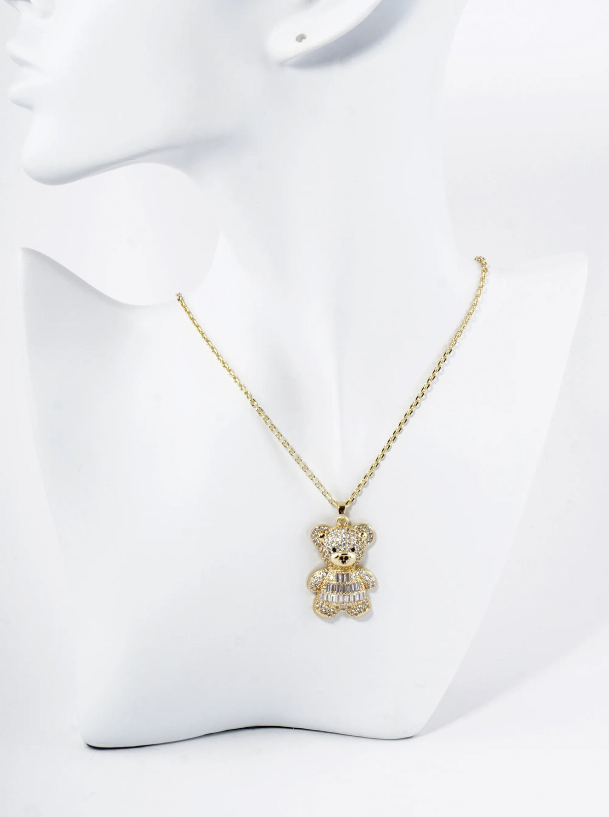 18K Gold Dipped Pave Cubic Zirconia Embellishments Teddy Bear Pendant Necklace