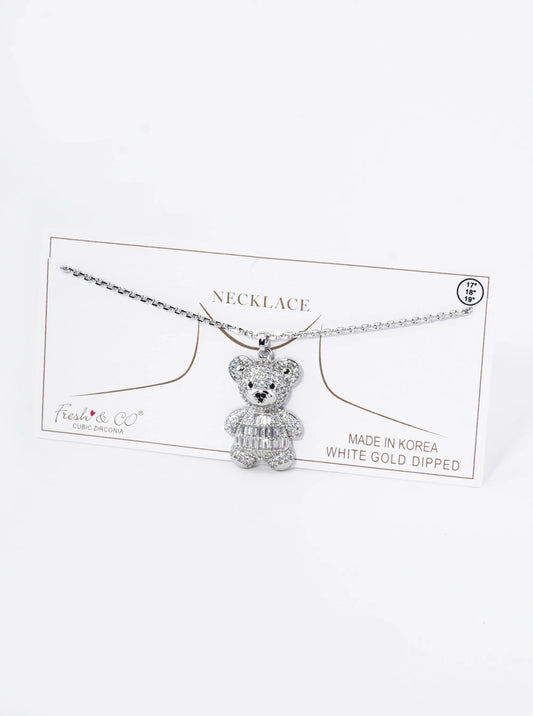 18K Gold Dipped Pave Cubic Zirconia Embellishments Teddy Bear Pendant Necklace