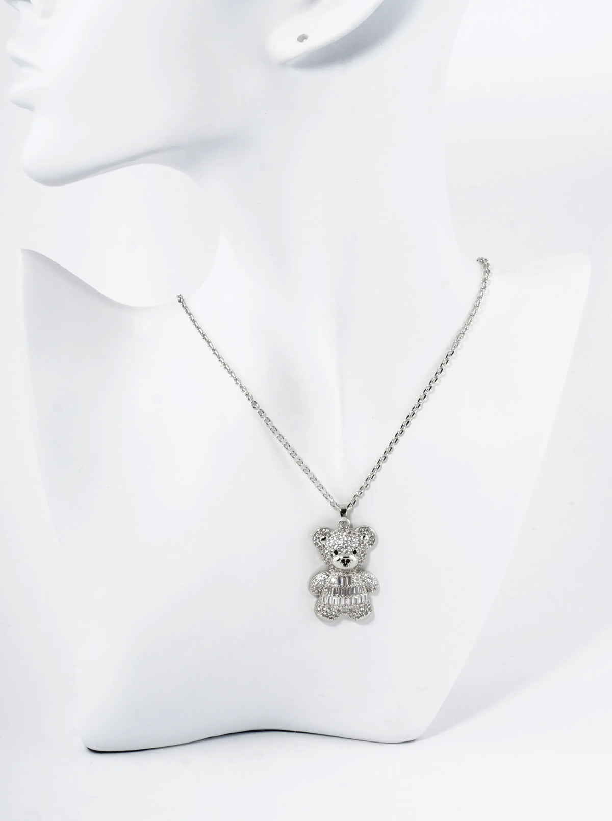 18K Gold Dipped Pave Cubic Zirconia Embellishments Teddy Bear Pendant Necklace