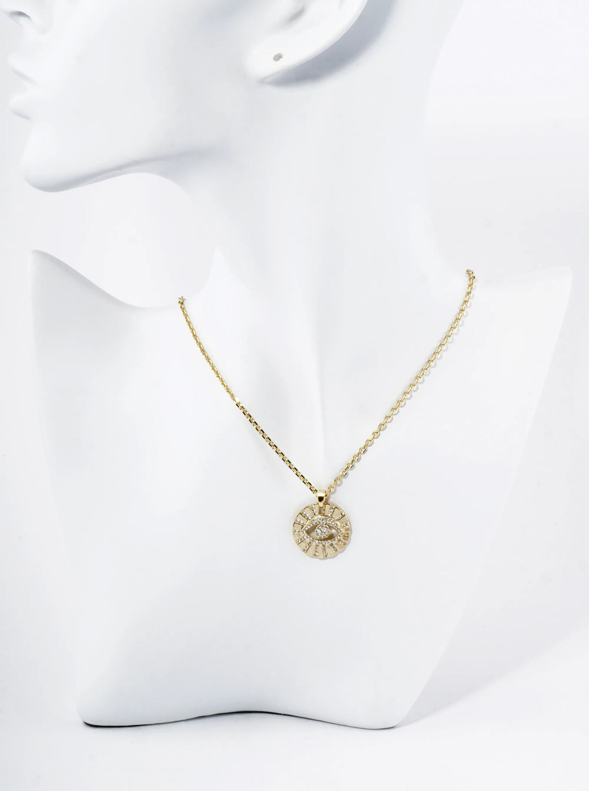 18K Gold Dipped Pave Cubic Zirconia Evil Eye Round Pendant Necklace