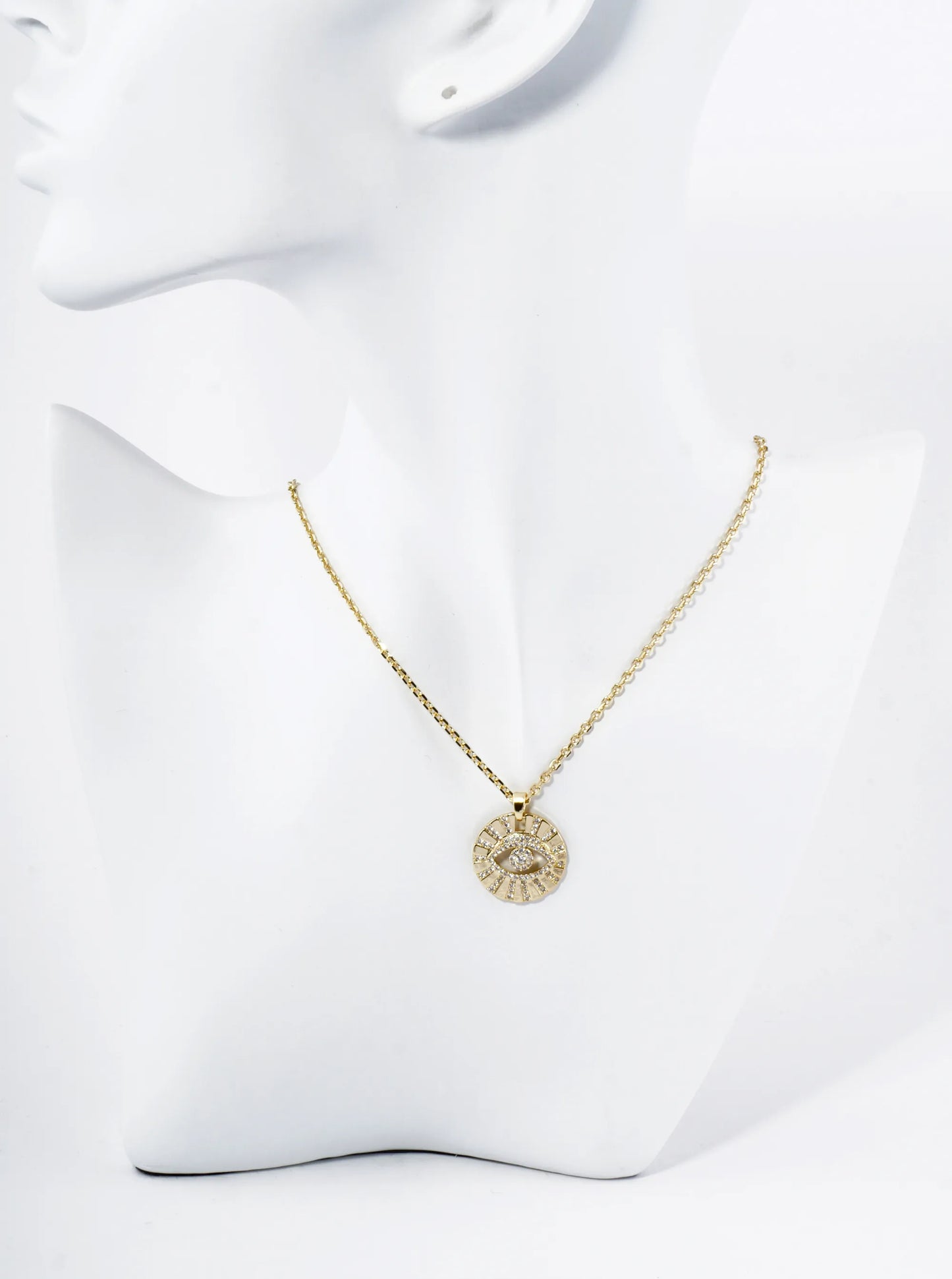 18K Gold Dipped Pave Cubic Zirconia Evil Eye Round Pendant Necklace