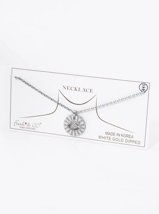 18K Gold Dipped Pave Cubic Zirconia Evil Eye Round Pendant Necklace