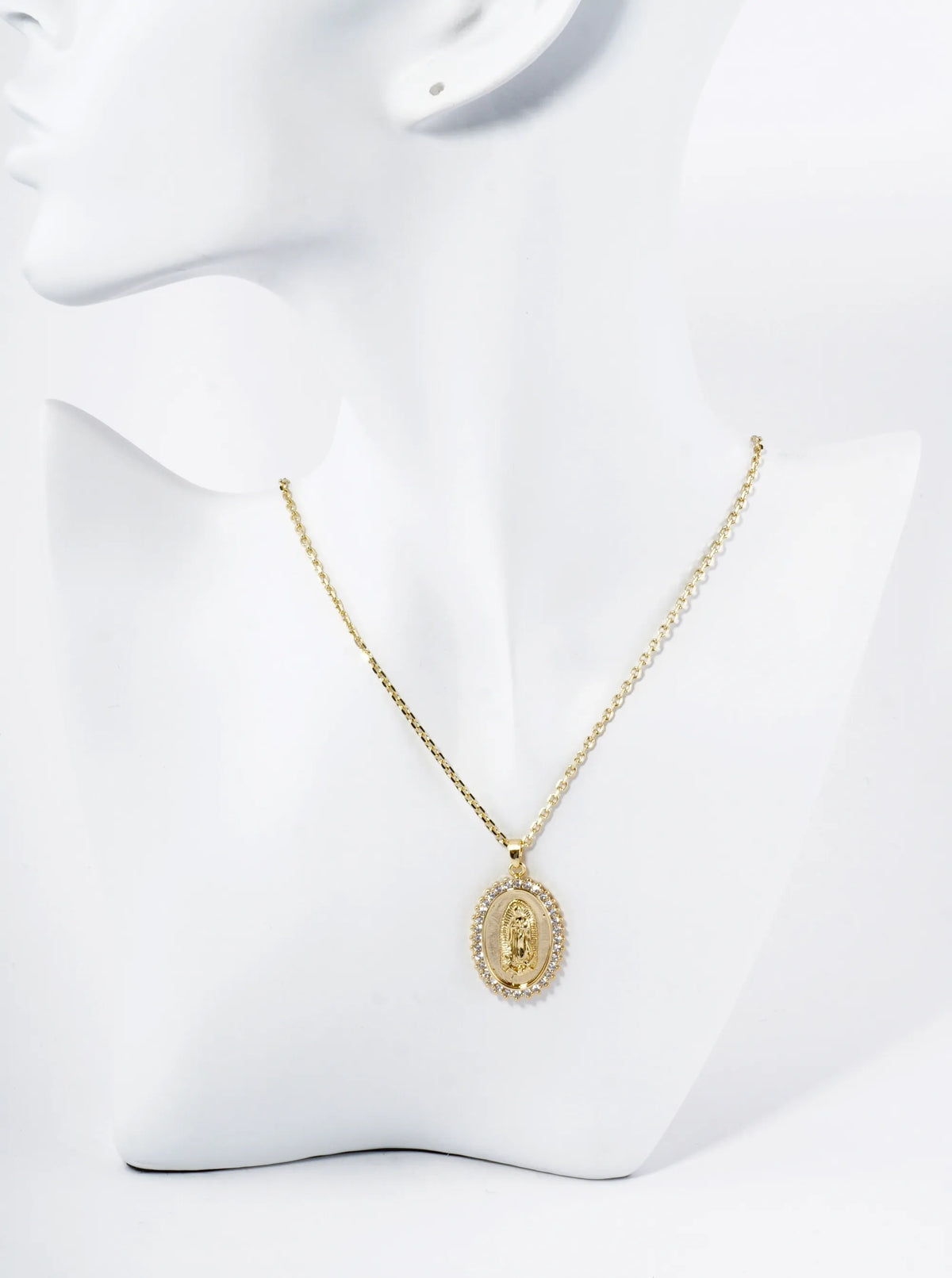 18K Gold Dipped Pave Cubic Zirconia Miraculous Medal Oval Pendant Necklace