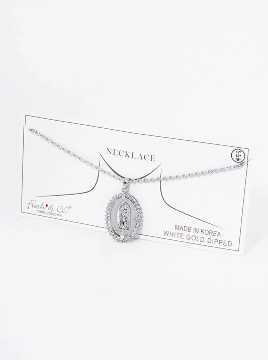 18K Gold Dipped Pave Cubic Zirconia Miraculous Medal Oval Pendant Necklace