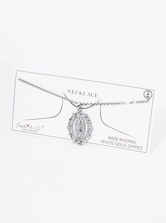 18K Gold Dipped Pave Cubic Zirconia Miraculous Medal Oval Pendant Necklace