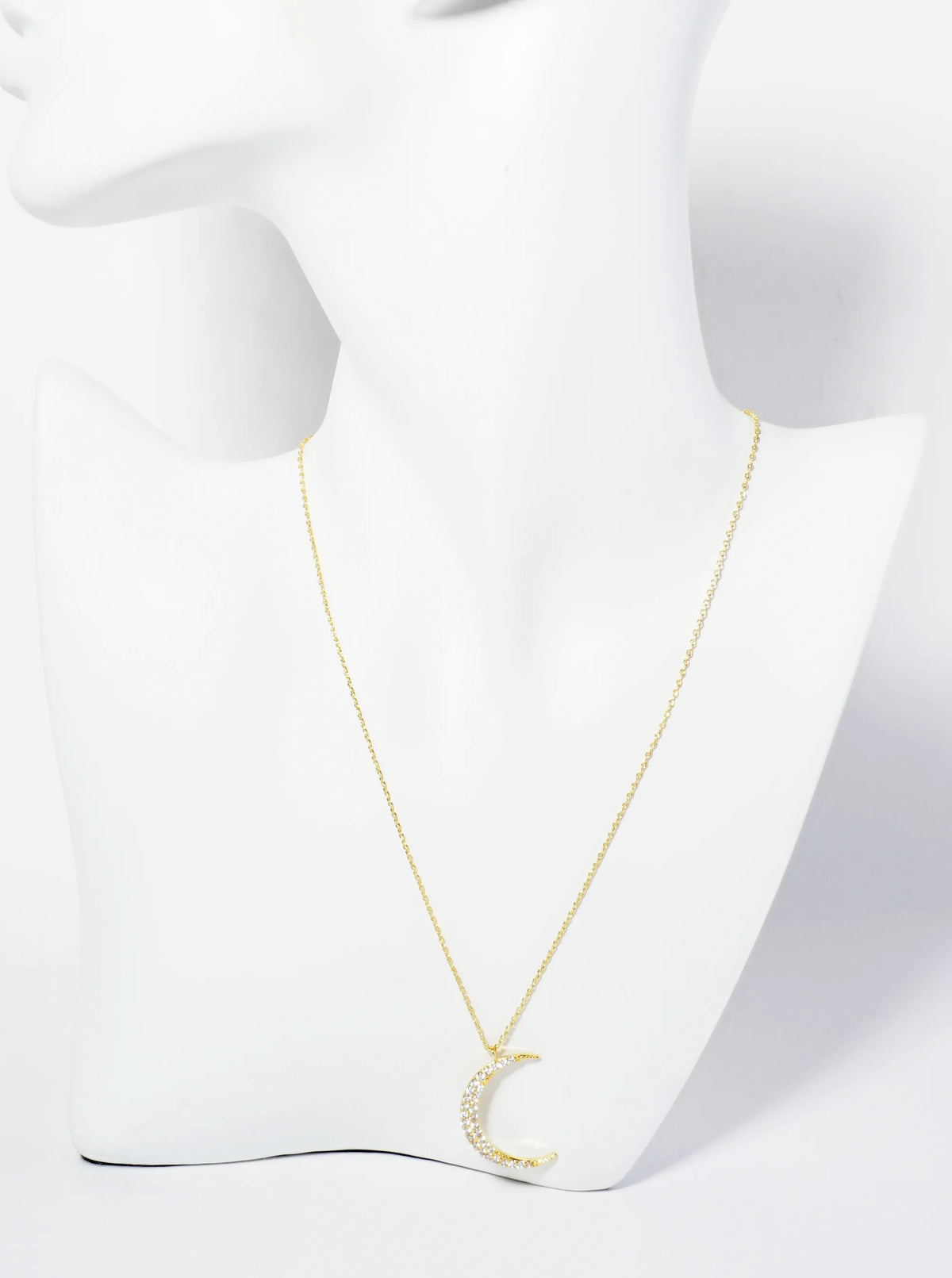 18K Gold Dipped Pave Set CZ 1 Inch Crescent Moon Pendant Necklace