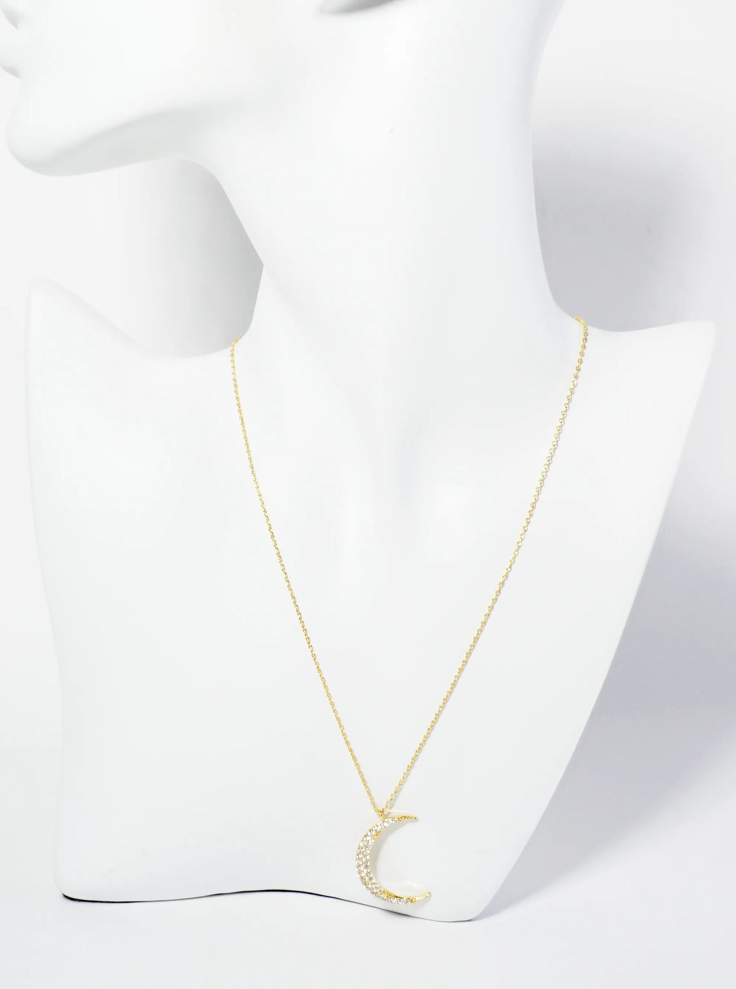 18K Gold Dipped Pave Set CZ 1 Inch Crescent Moon Pendant Necklace