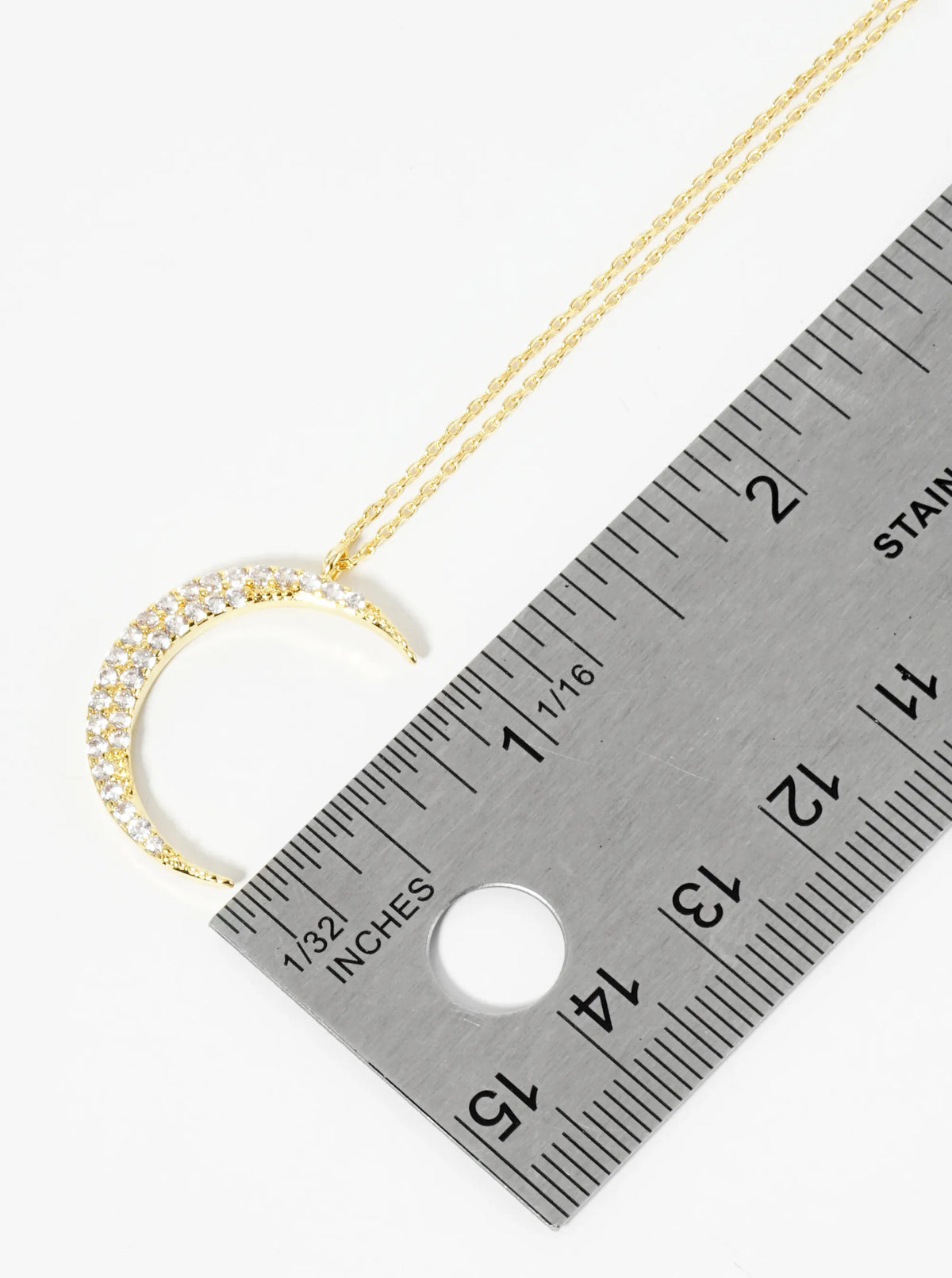 18K Gold Dipped Pave Set CZ 1 Inch Crescent Moon Pendant Necklace