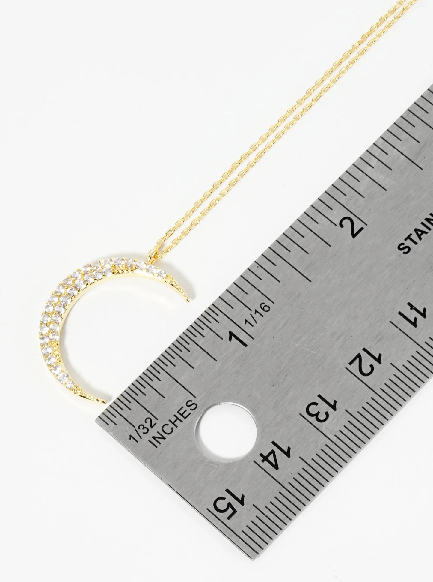 18K Gold Dipped Pave Set CZ 1 Inch Crescent Moon Pendant Necklace