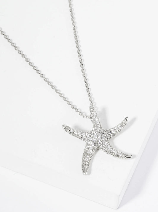 18K Gold Dipped Pave Set CZ 1 Inch Starfish Sea Star Pendant Necklace
