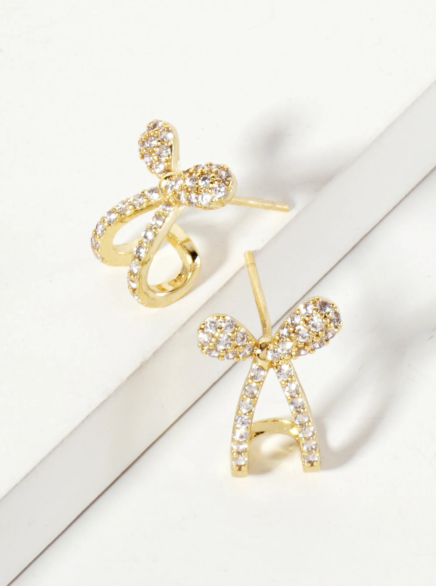 18K-Gold-Dipped Pave-Set CZ 15mm Bow Open Huggie Hoop Earrings