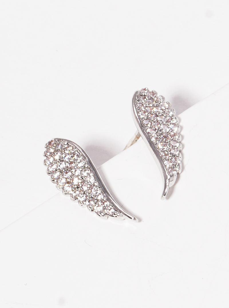 18K Gold Dipped Pave Set CZ Angle Wings Stud Earrings