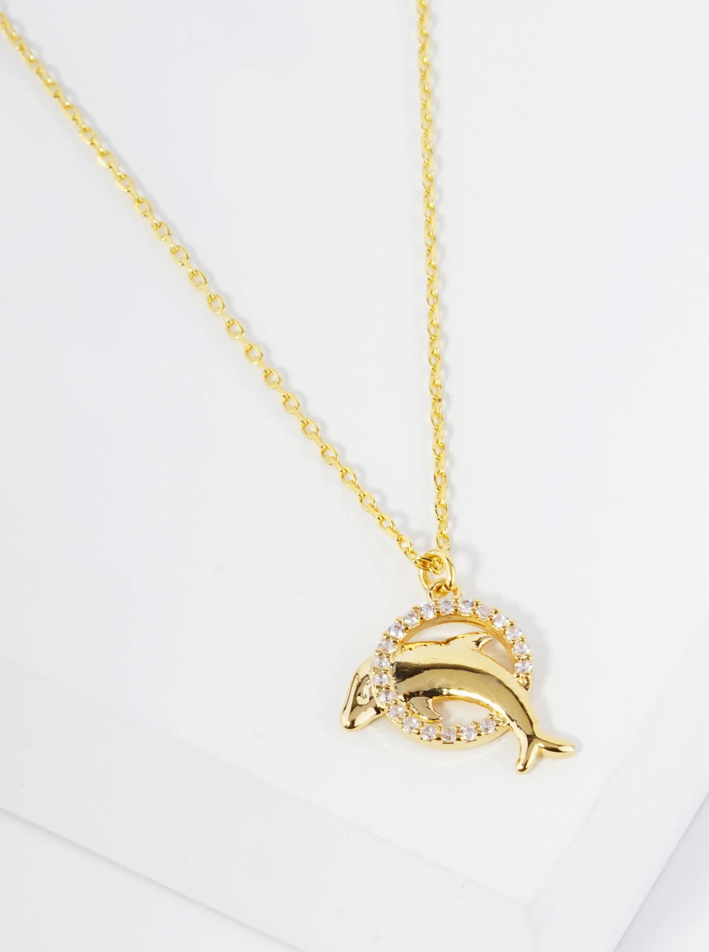18K Gold Dipped Pave Set CZ Dolphin Pendant Necklace