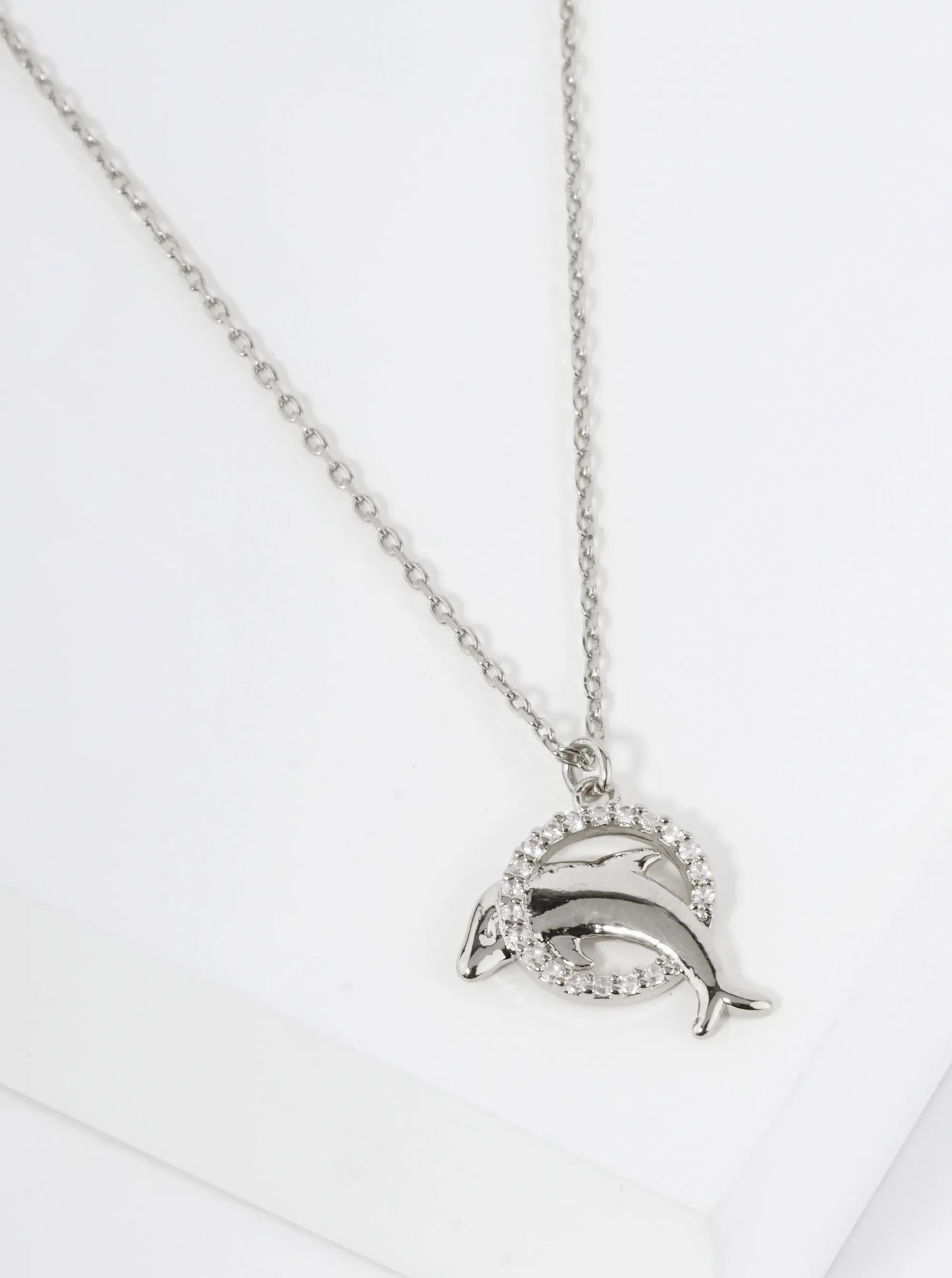 18K Gold Dipped Pave Set CZ Dolphin Pendant Necklace