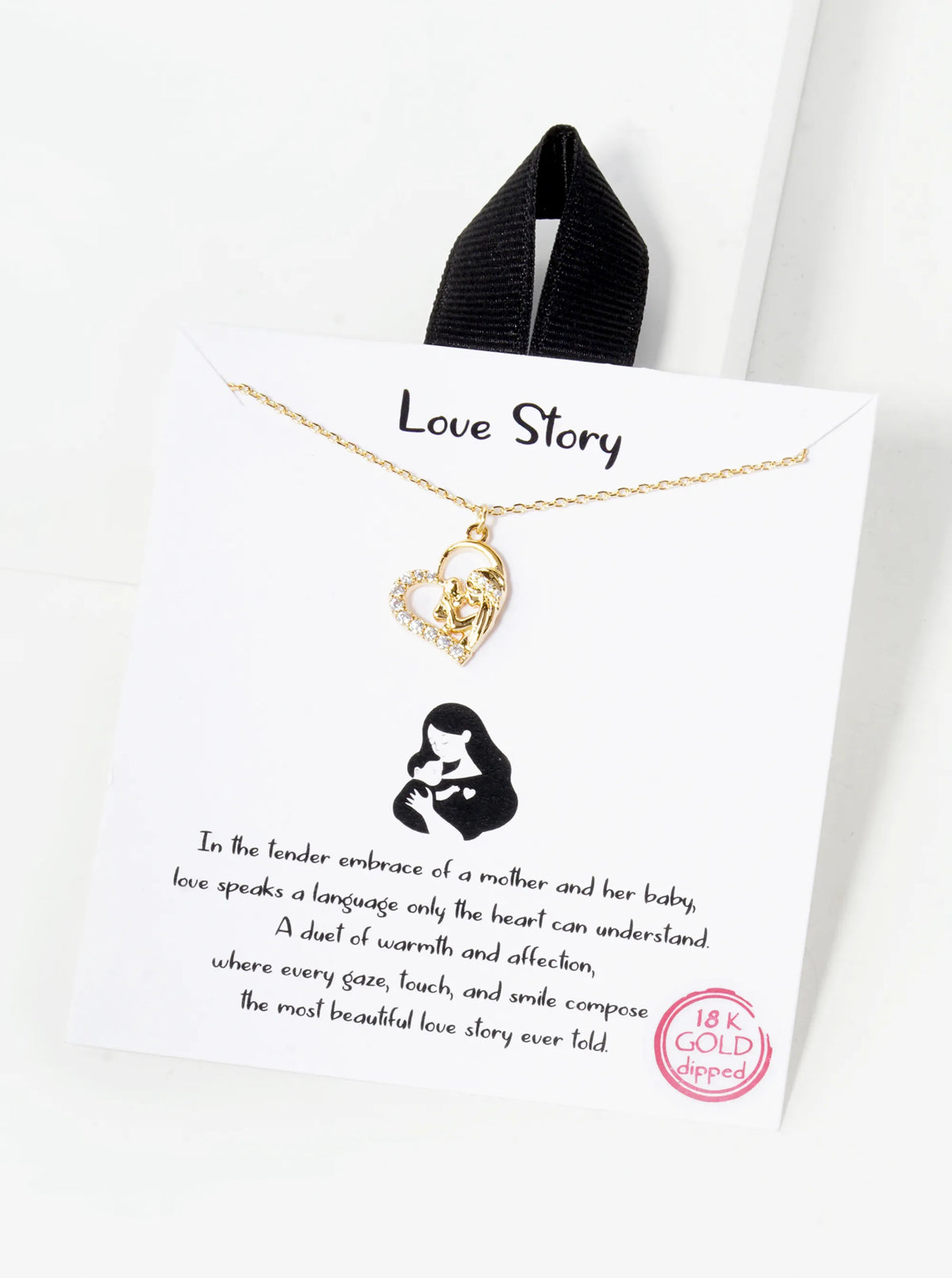 18K Gold Dipped Pave Set CZ Mom And Baby In Heart Pendant Necklace