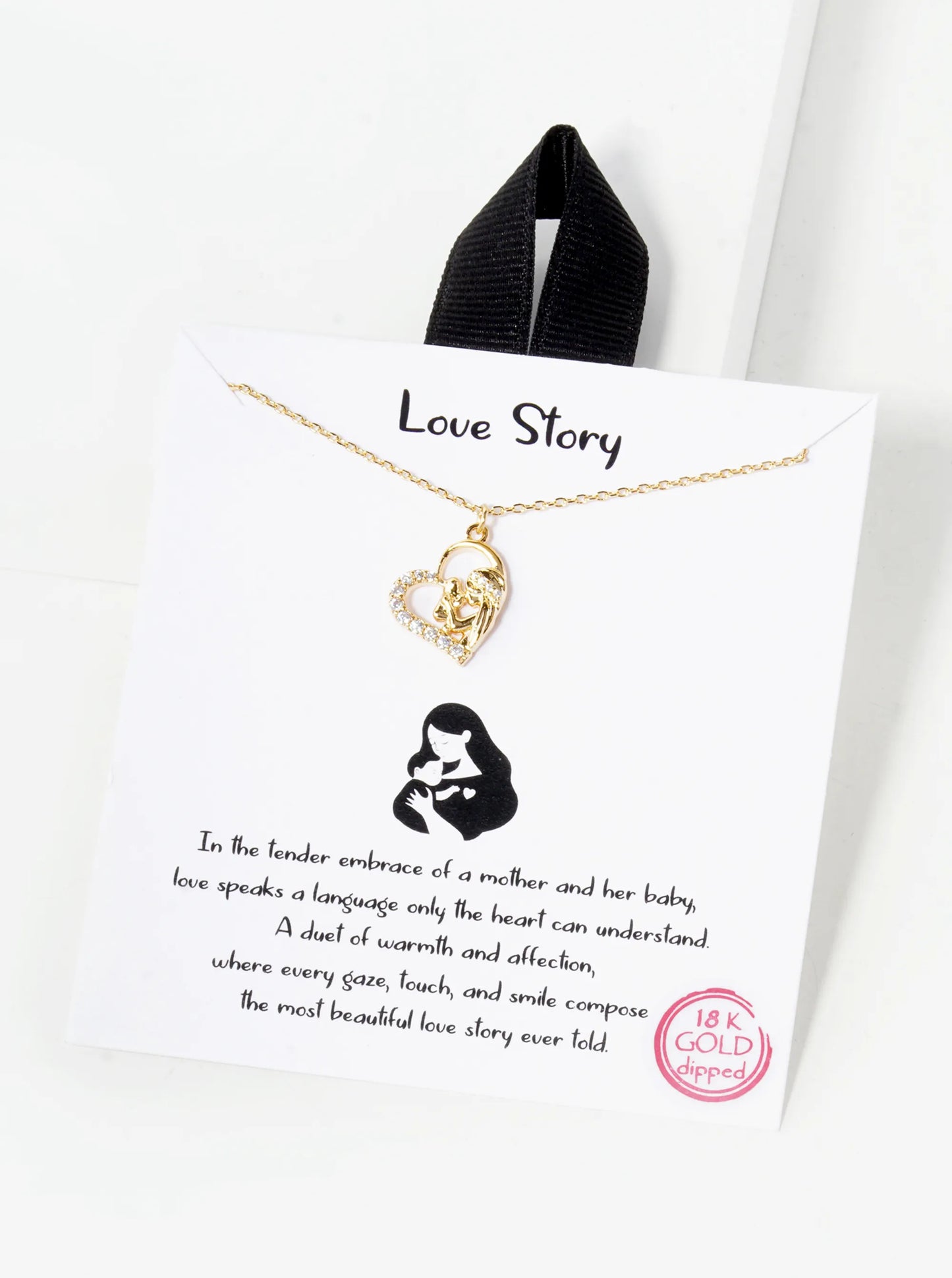 18K Gold Dipped Pave Set CZ Mom And Baby In Heart Pendant Necklace