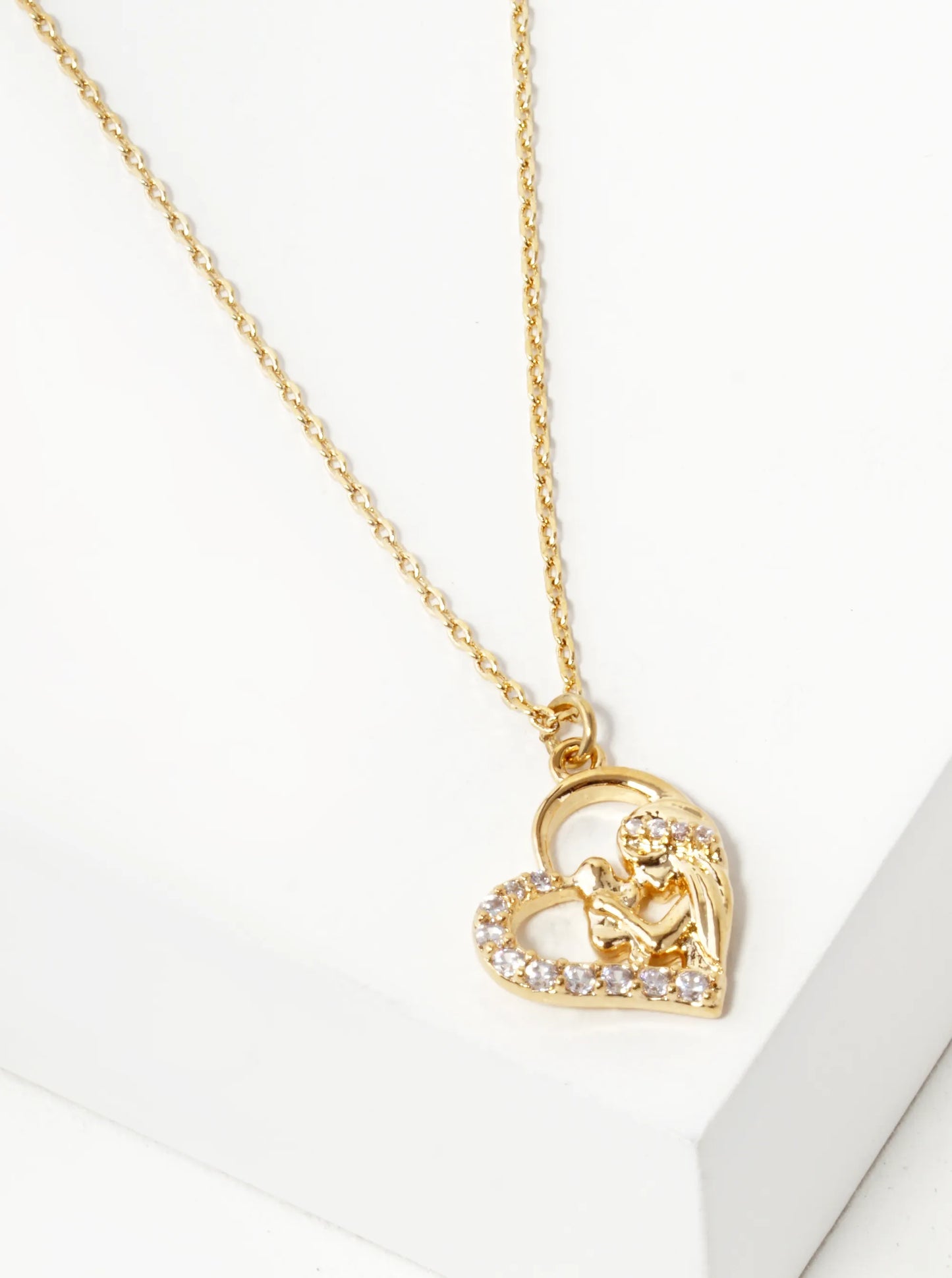 18K Gold Dipped Pave Set CZ Mom And Baby In Heart Pendant Necklace