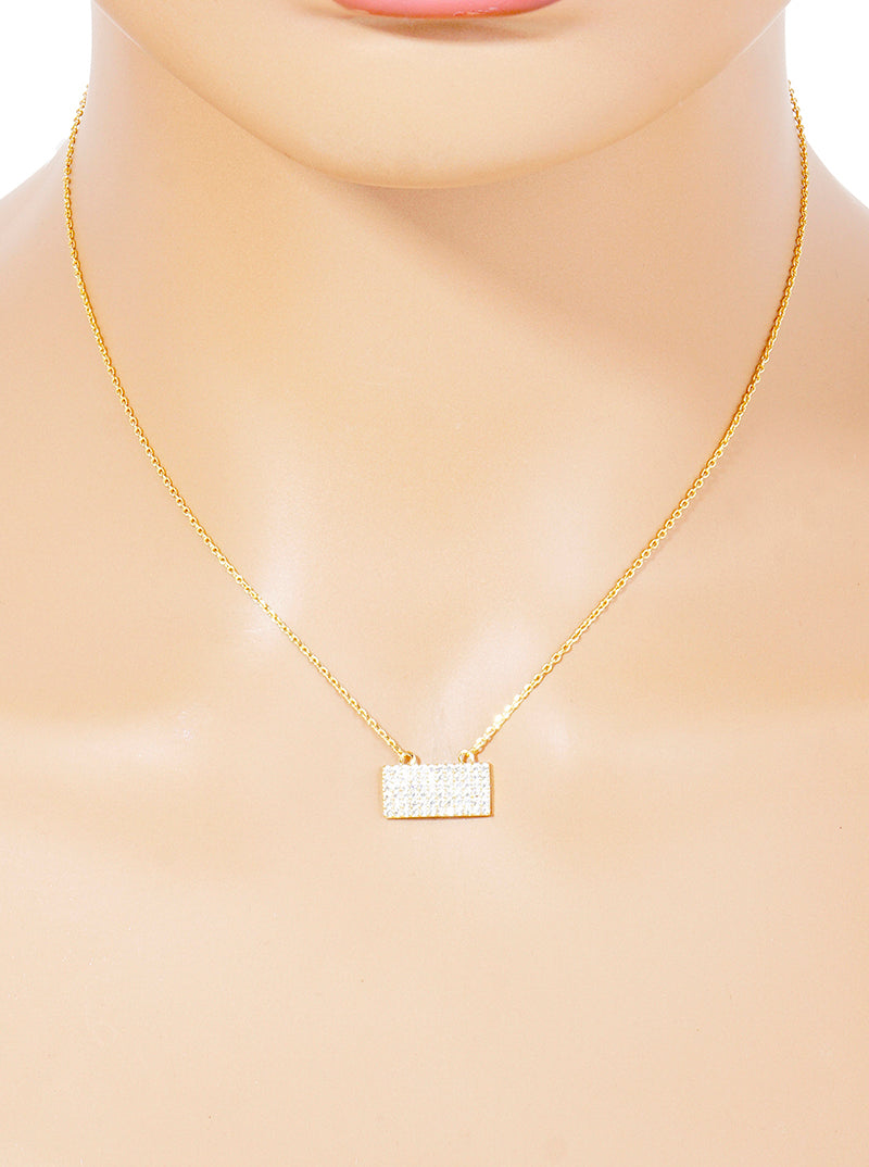 18K Gold Dipped Pave Set CZ Rectangle Pendant Necklace