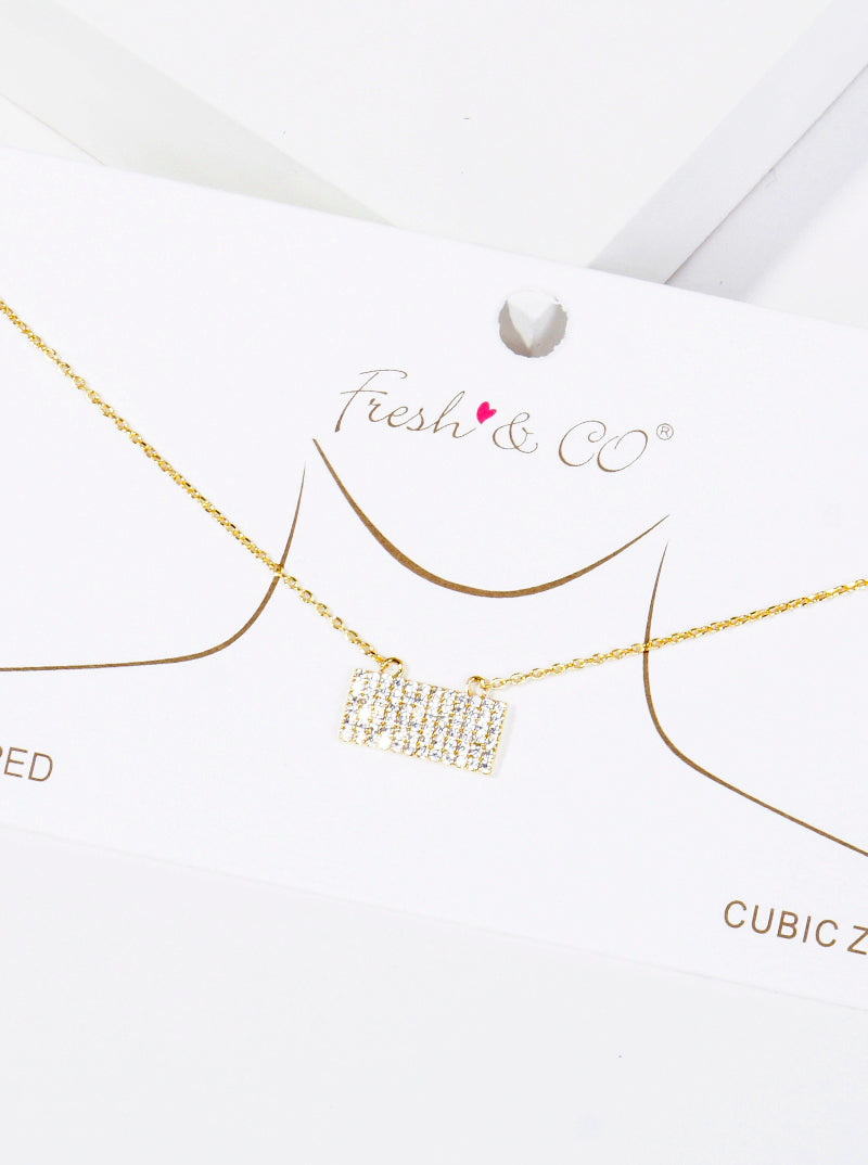 18K Gold Dipped Pave Set CZ Rectangle Pendant Necklace