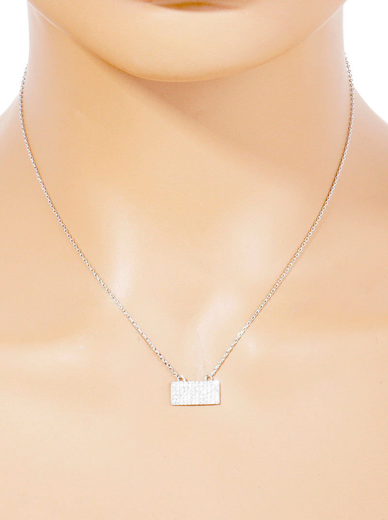 18K Gold Dipped Pave Set CZ Rectangle Pendant Necklace