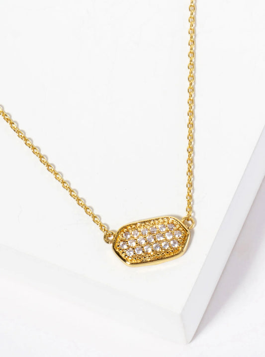 18K-Gold-Dipped Pave Set CZ Rounded Hexagon Pendant Necklace