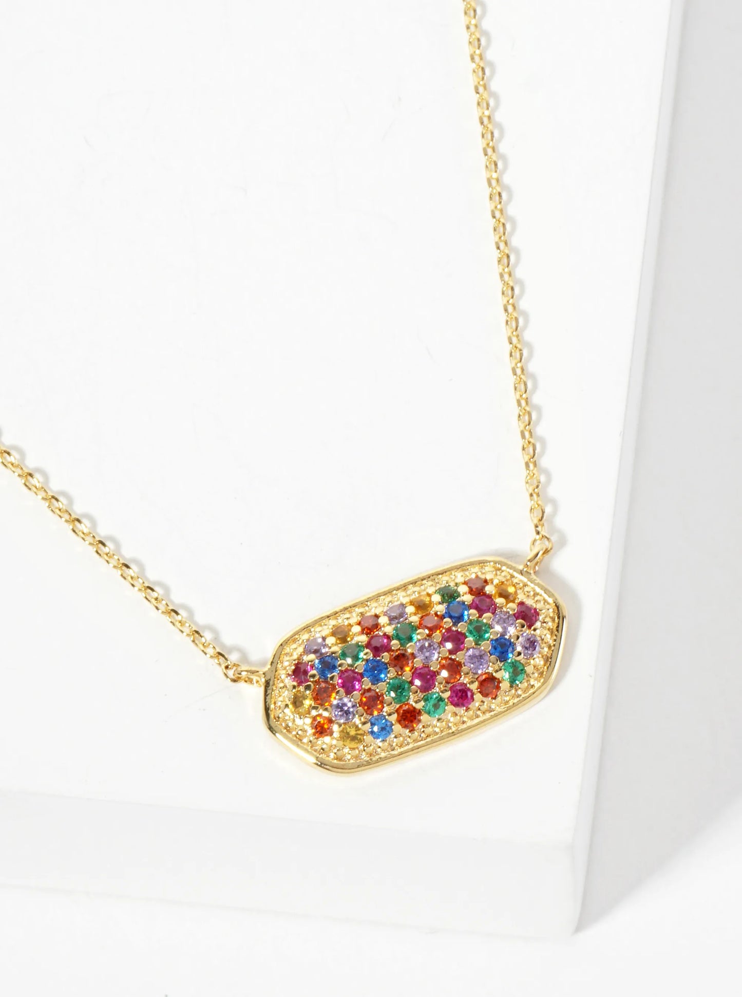 18K Gold Dipped Pave Set CZ Rounded Hexagon Pendant Necklace