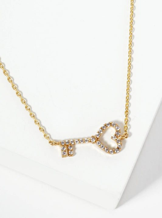 18K Gold Dipped Pave Set CZ Sideways Heart Key Pendant Necklace