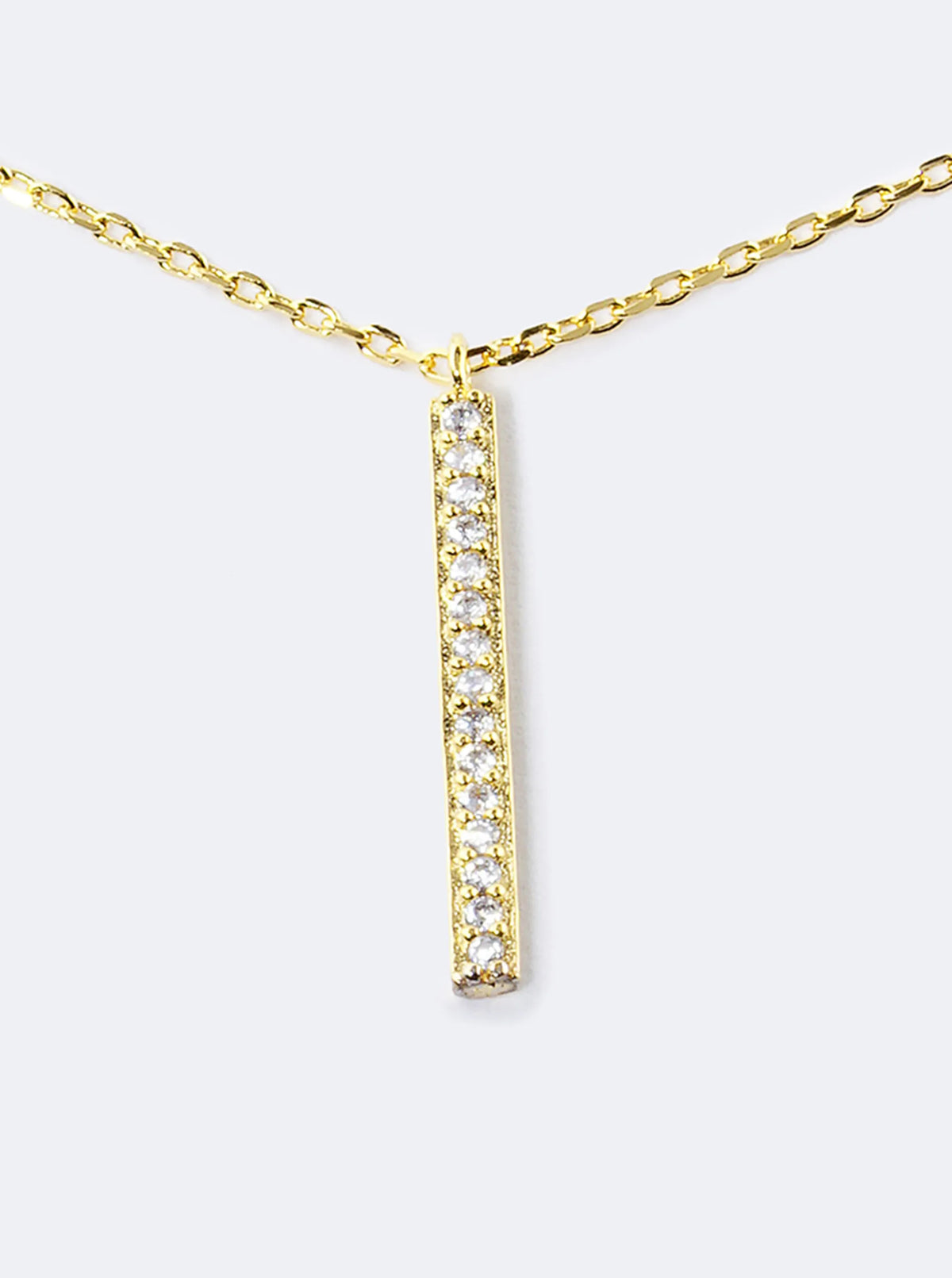 18K Gold Dipped Pave Set CZ Vertical Bar Pendant Necklace