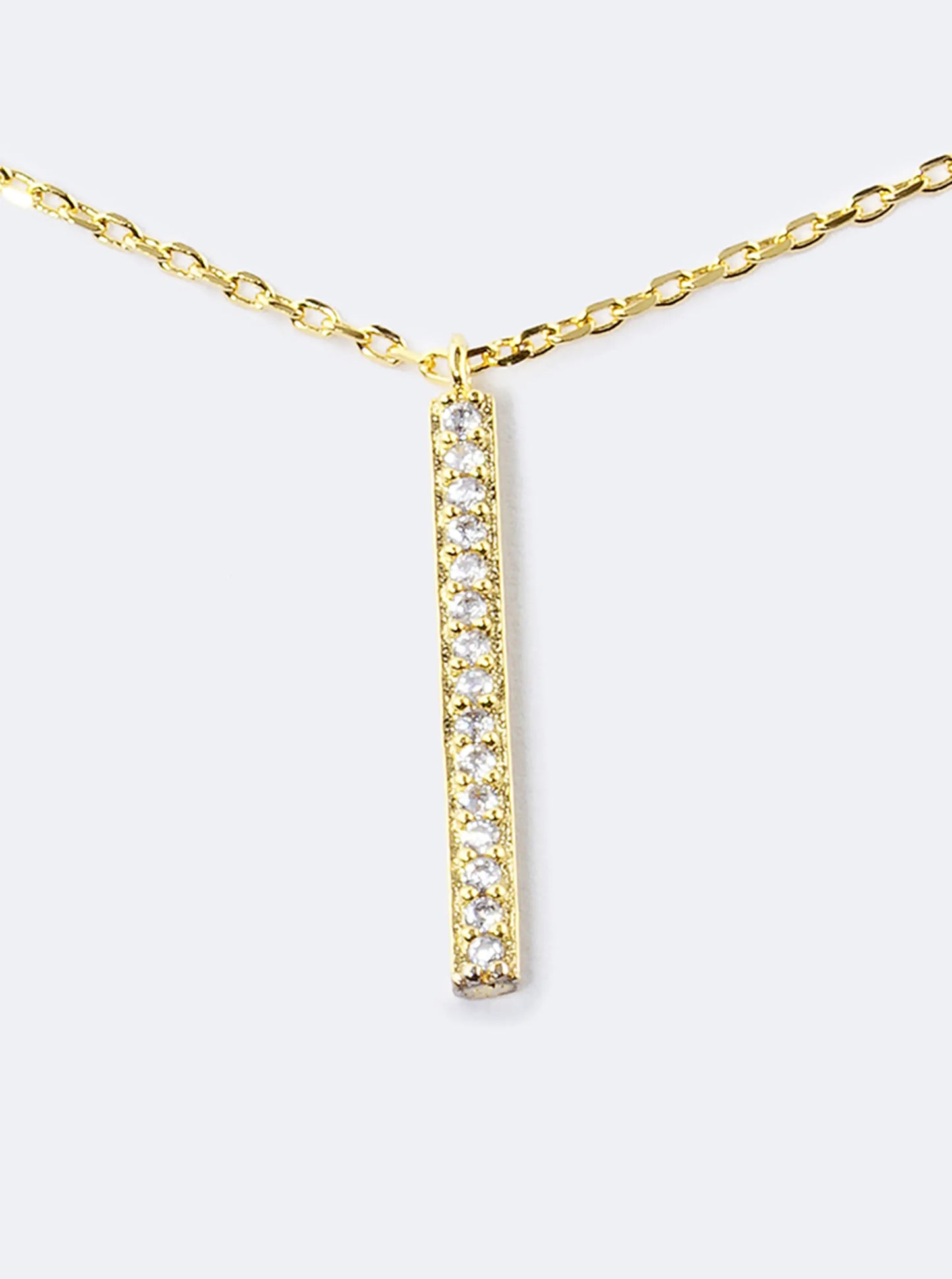 18K Gold Dipped Pave Set CZ Vertical Bar Pendant Necklace