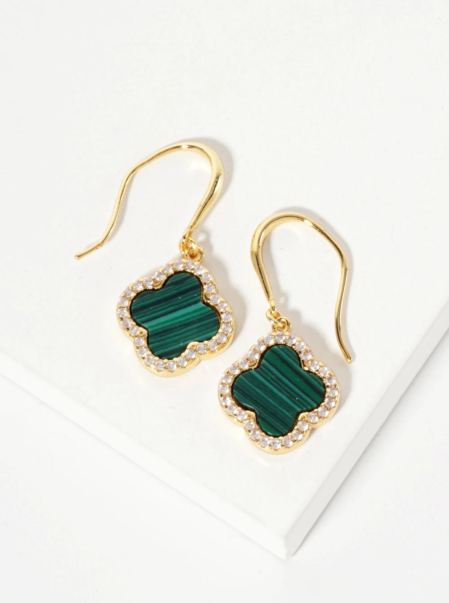 18K-Gold-Dipped Pave-Set Cubic-Zirconia 12mm Quatrefoil Drop Dangle Earrings