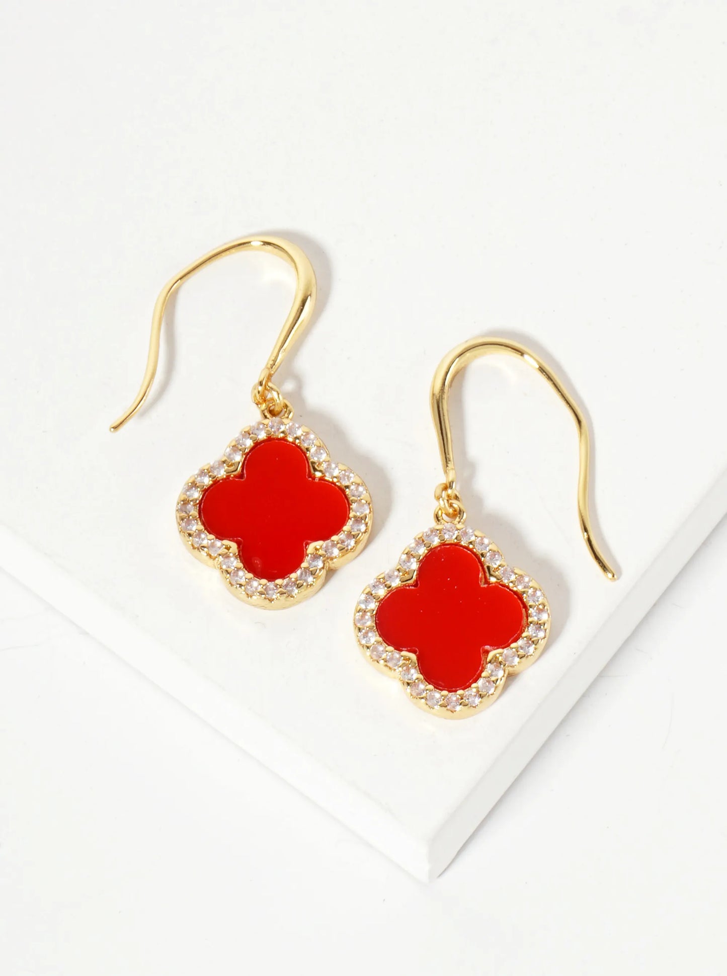 18K-Gold-Dipped Pave-Set Cubic-Zirconia 12mm Quatrefoil Drop Dangle Earrings