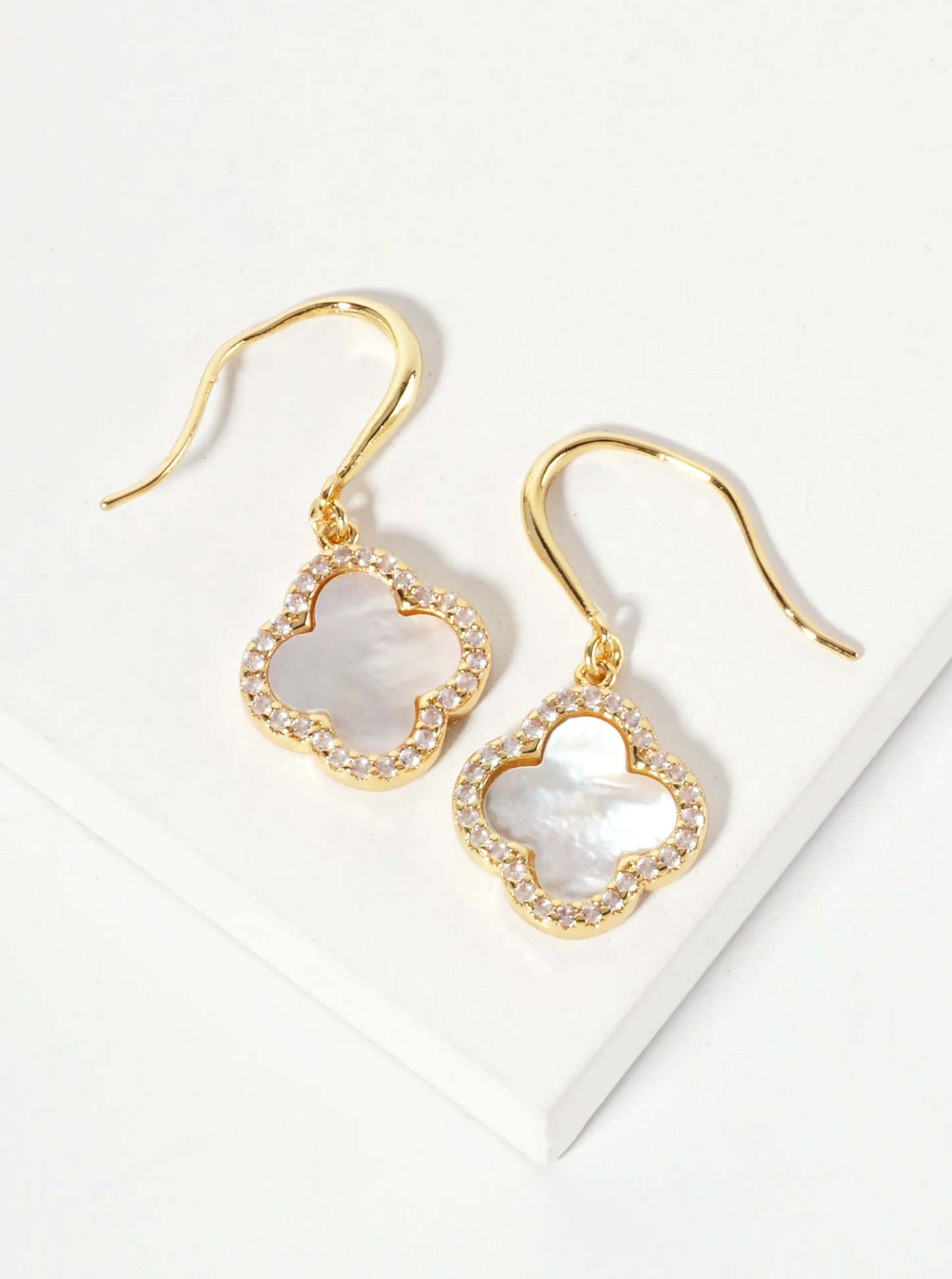 18K-Gold-Dipped Pave-Set Cubic-Zirconia 12mm Quatrefoil Drop Dangle Earrings