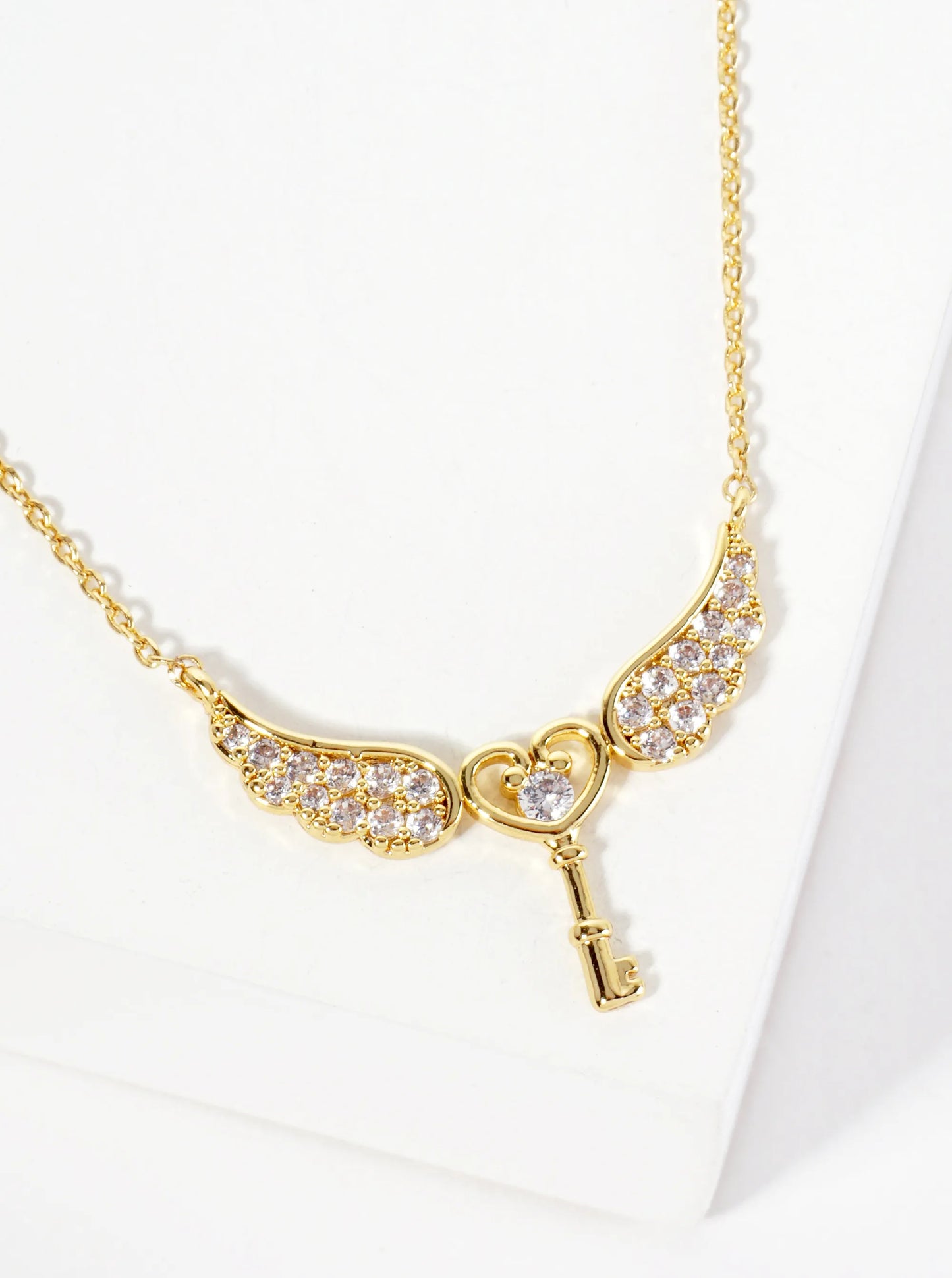 18K-Gold-Dipped Pave Set Cubic-Zirconia Angel Winged Heart Key Pendant Necklace