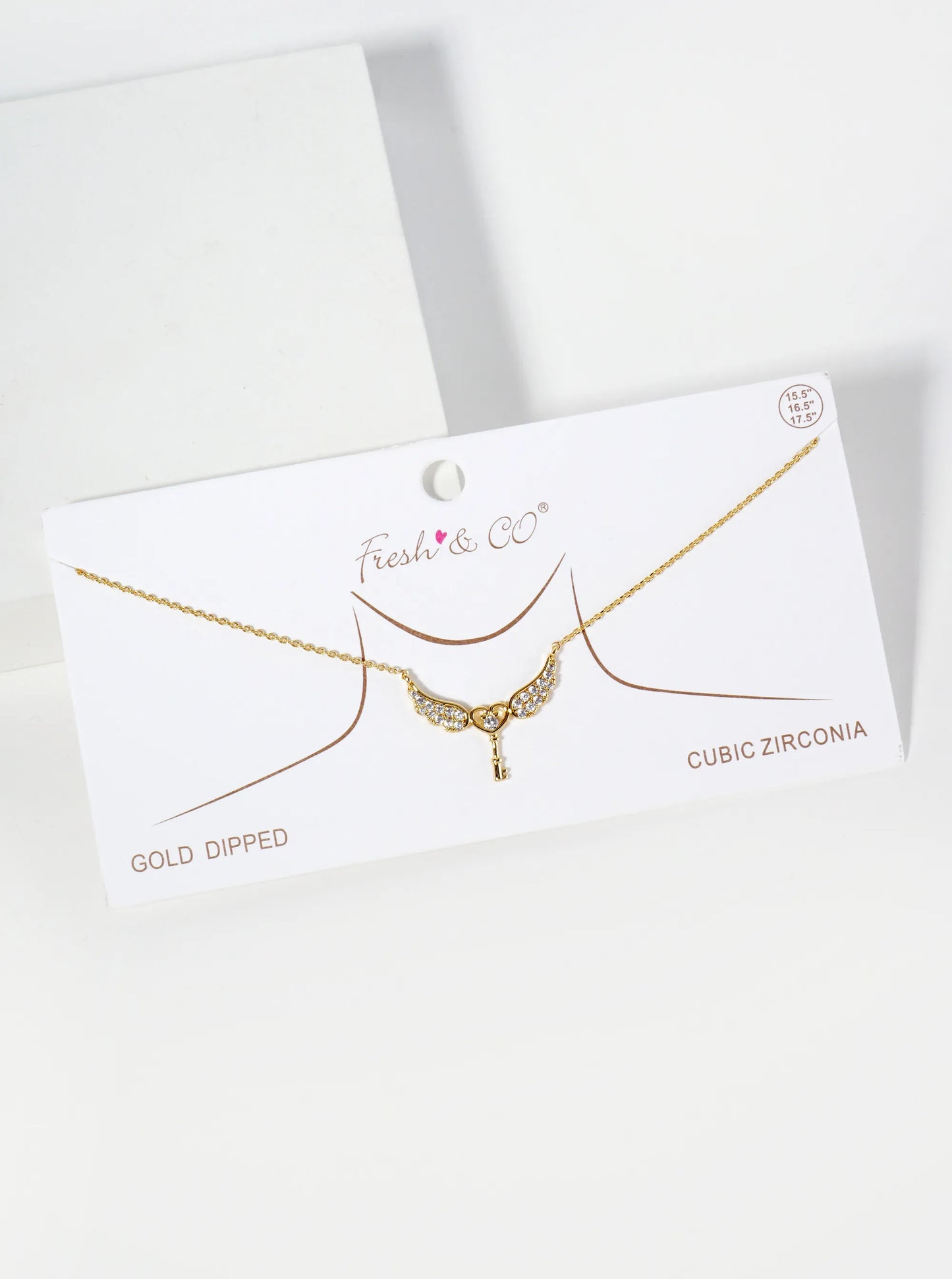 18K-Gold-Dipped Pave Set Cubic-Zirconia Angel Winged Heart Key Pendant Necklace