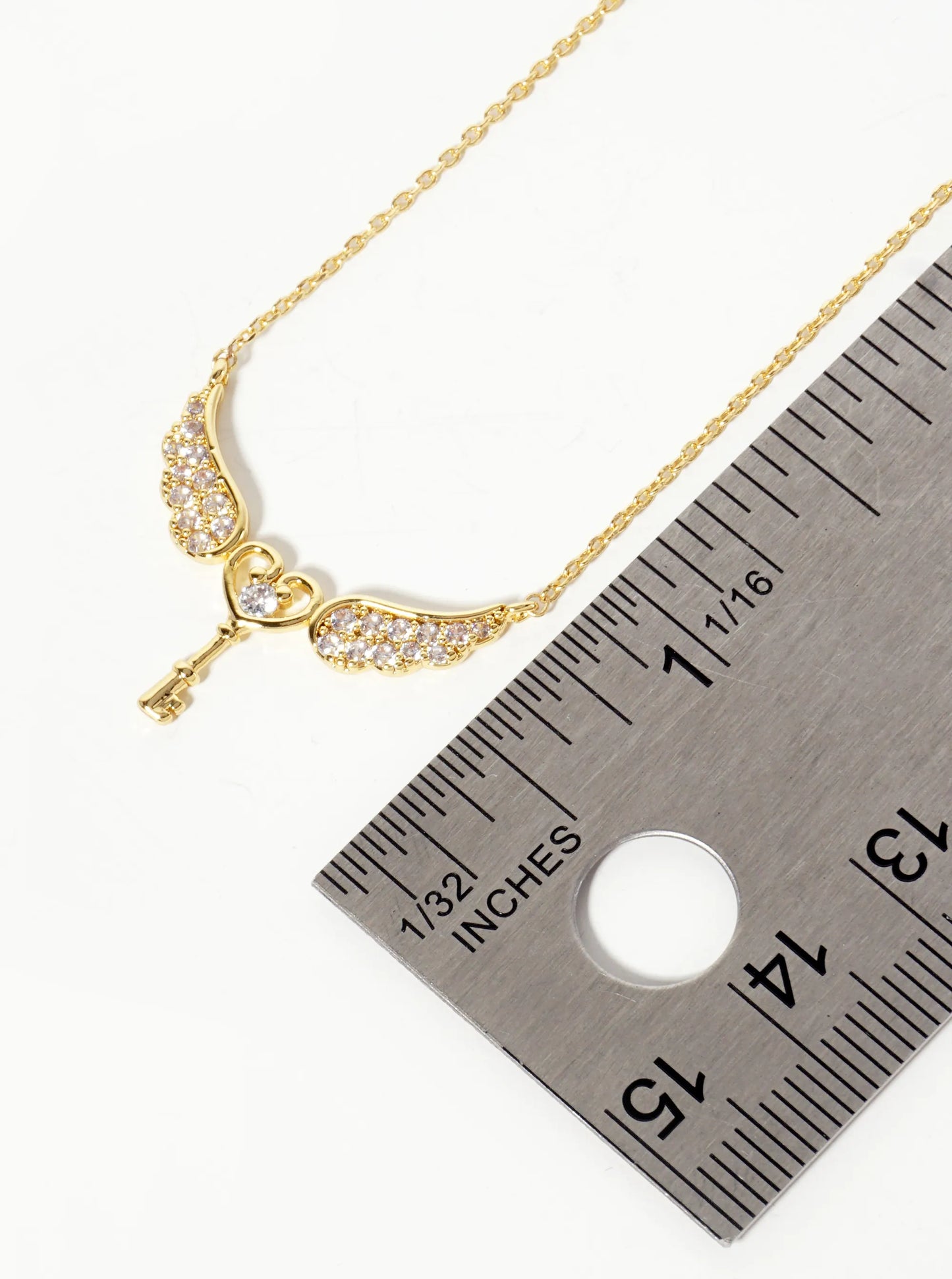18K-Gold-Dipped Pave Set Cubic-Zirconia Angel Winged Heart Key Pendant Necklace