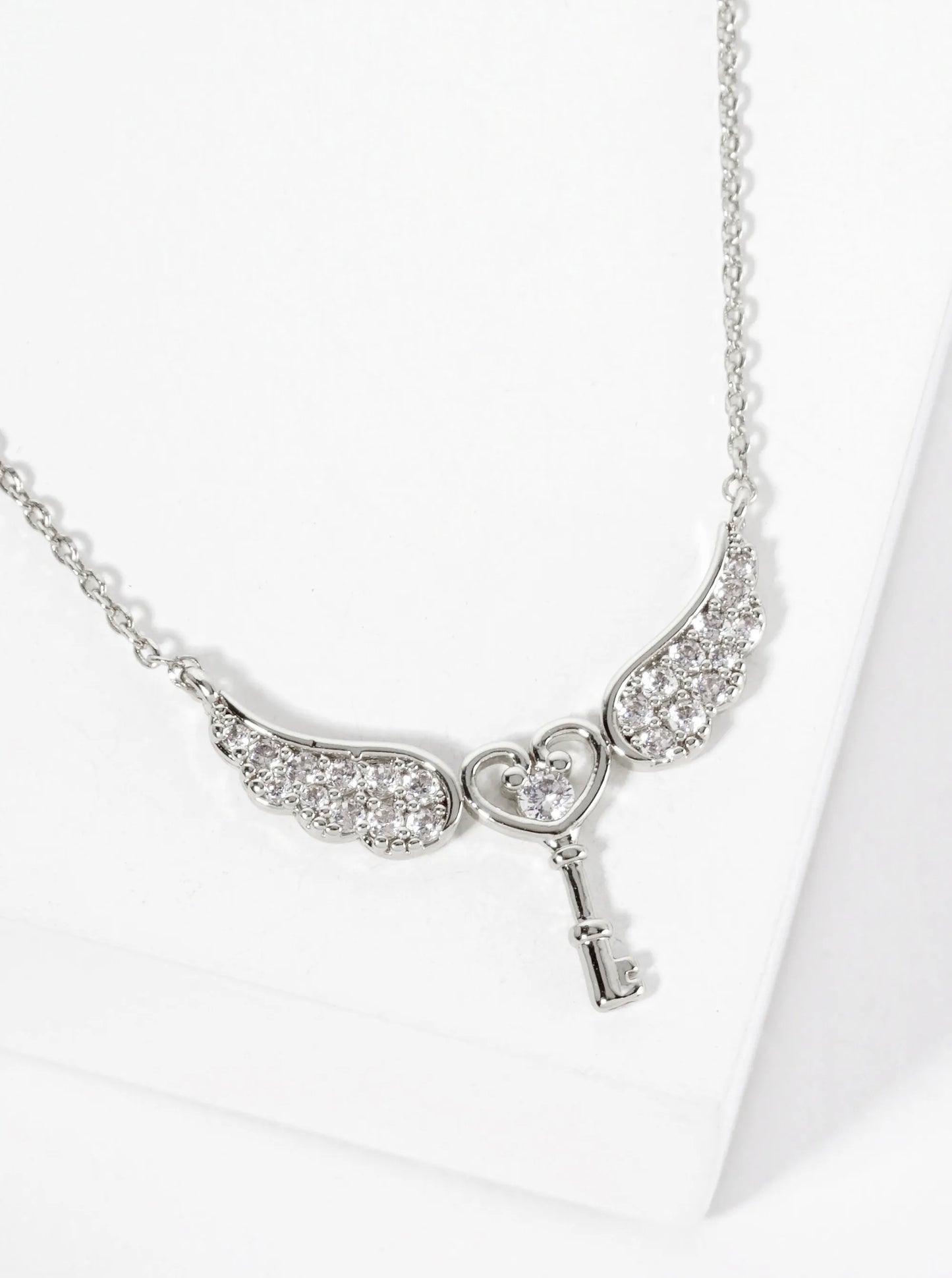 18K-Gold-Dipped Pave Set Cubic-Zirconia Angel Winged Heart Key Pendant Necklace