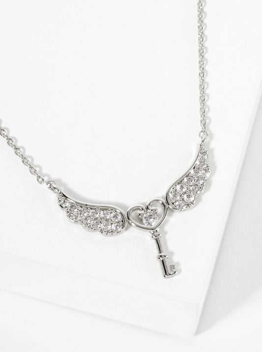 18K-Gold-Dipped Pave Set Cubic-Zirconia Angel Winged Heart Key Pendant Necklace