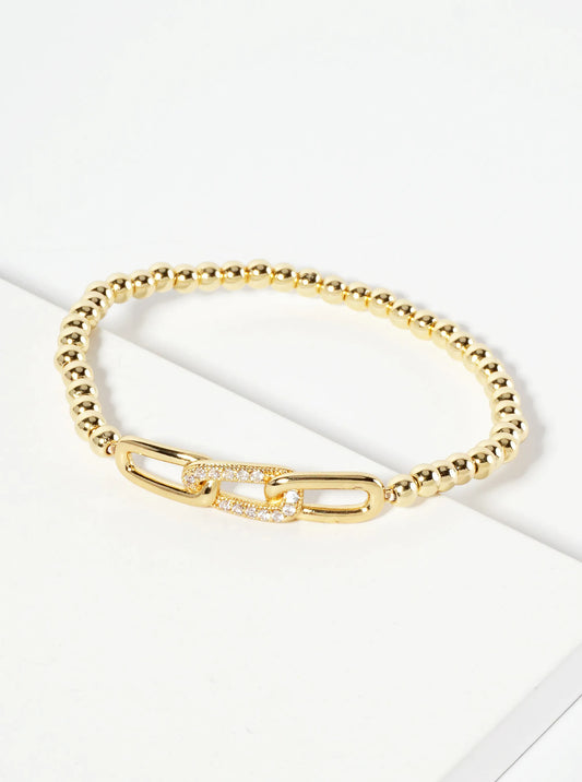 18K-Gold-Dipped Pave-Set Cubic-Zirconia Chain Accent Ball-Beaded Stretch Bracelet