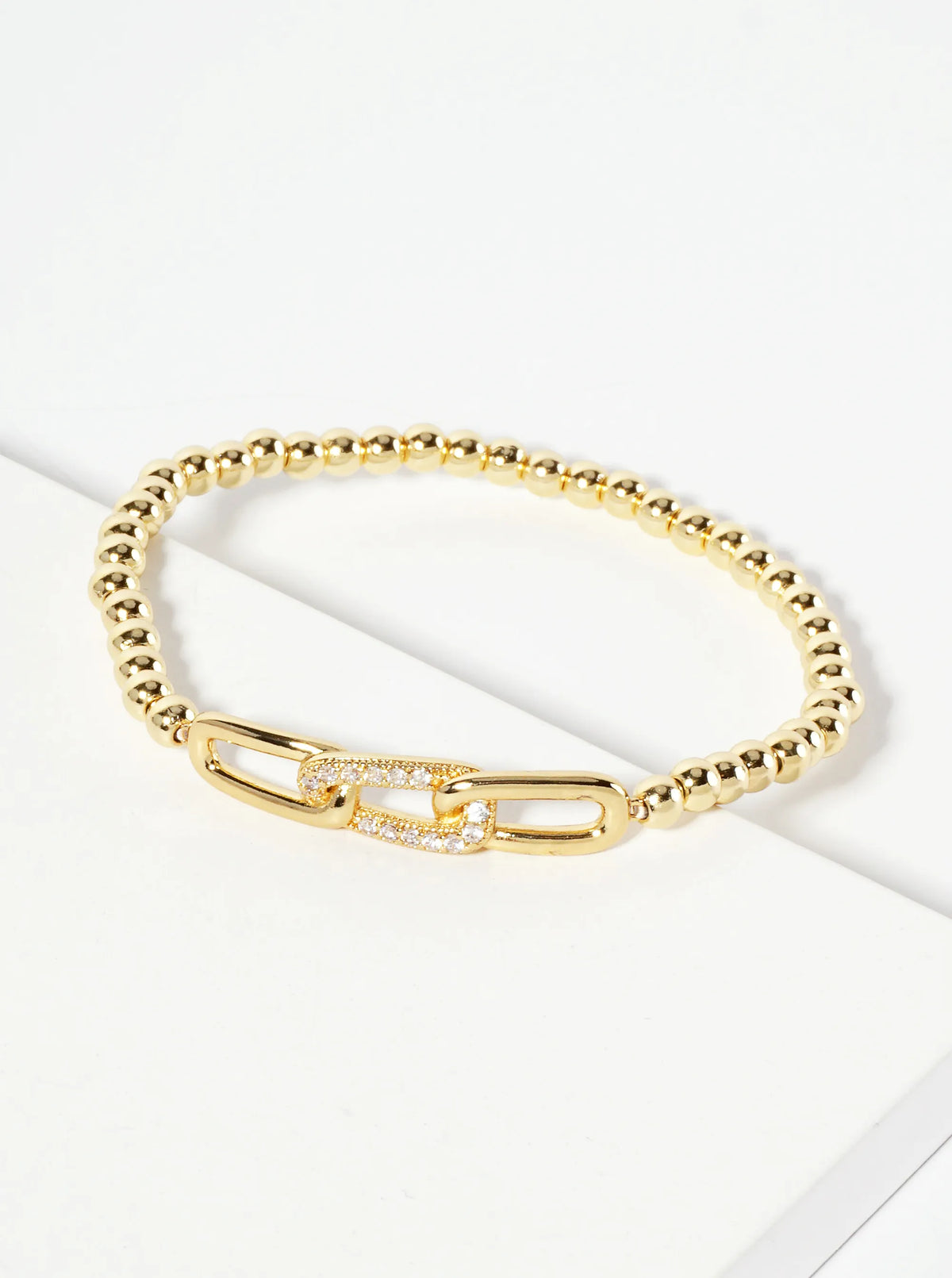 18K-Gold-Dipped Pave-Set Cubic-Zirconia Chain Accent Ball-Beaded Stretch Bracelet