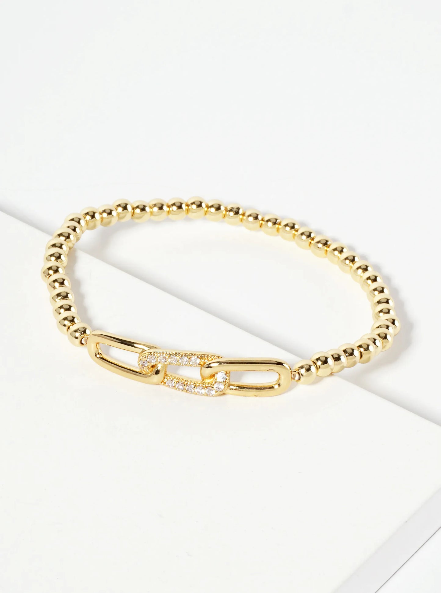 18K-Gold-Dipped Pave-Set Cubic-Zirconia Chain Accent Ball-Beaded Stretch Bracelet