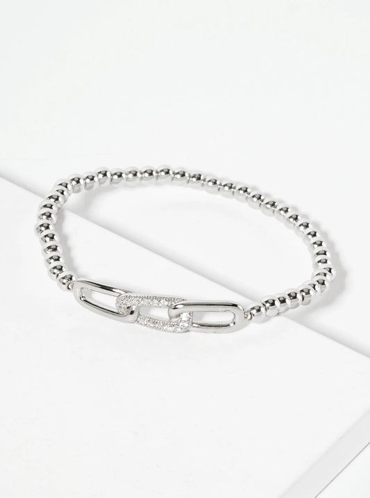 18K-Gold-Dipped Pave-Set Cubic-Zirconia Chain Accent Ball-Beaded Stretch Bracelet