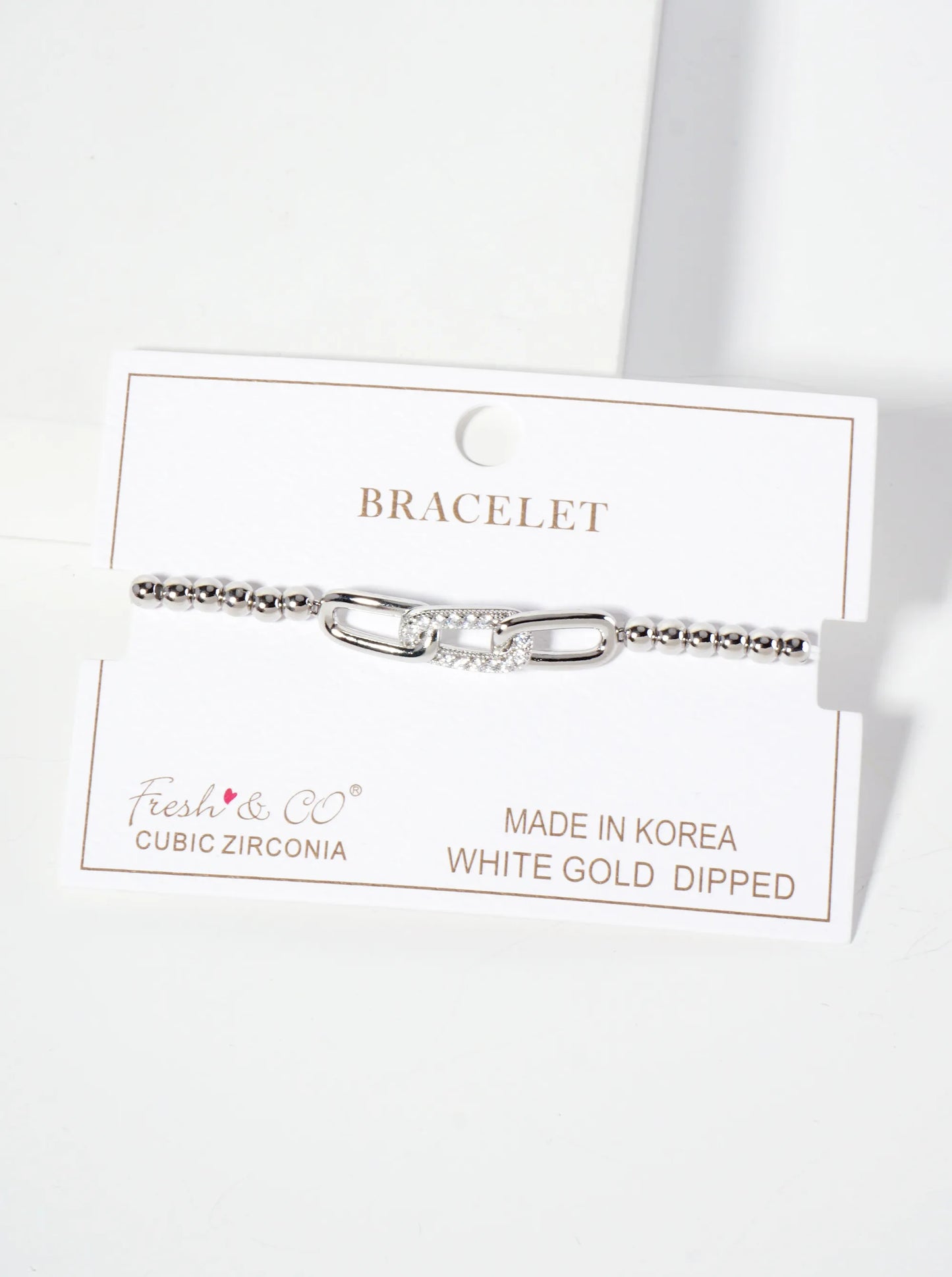 18K-Gold-Dipped Pave-Set Cubic-Zirconia Chain Accent Ball-Beaded Stretch Bracelet