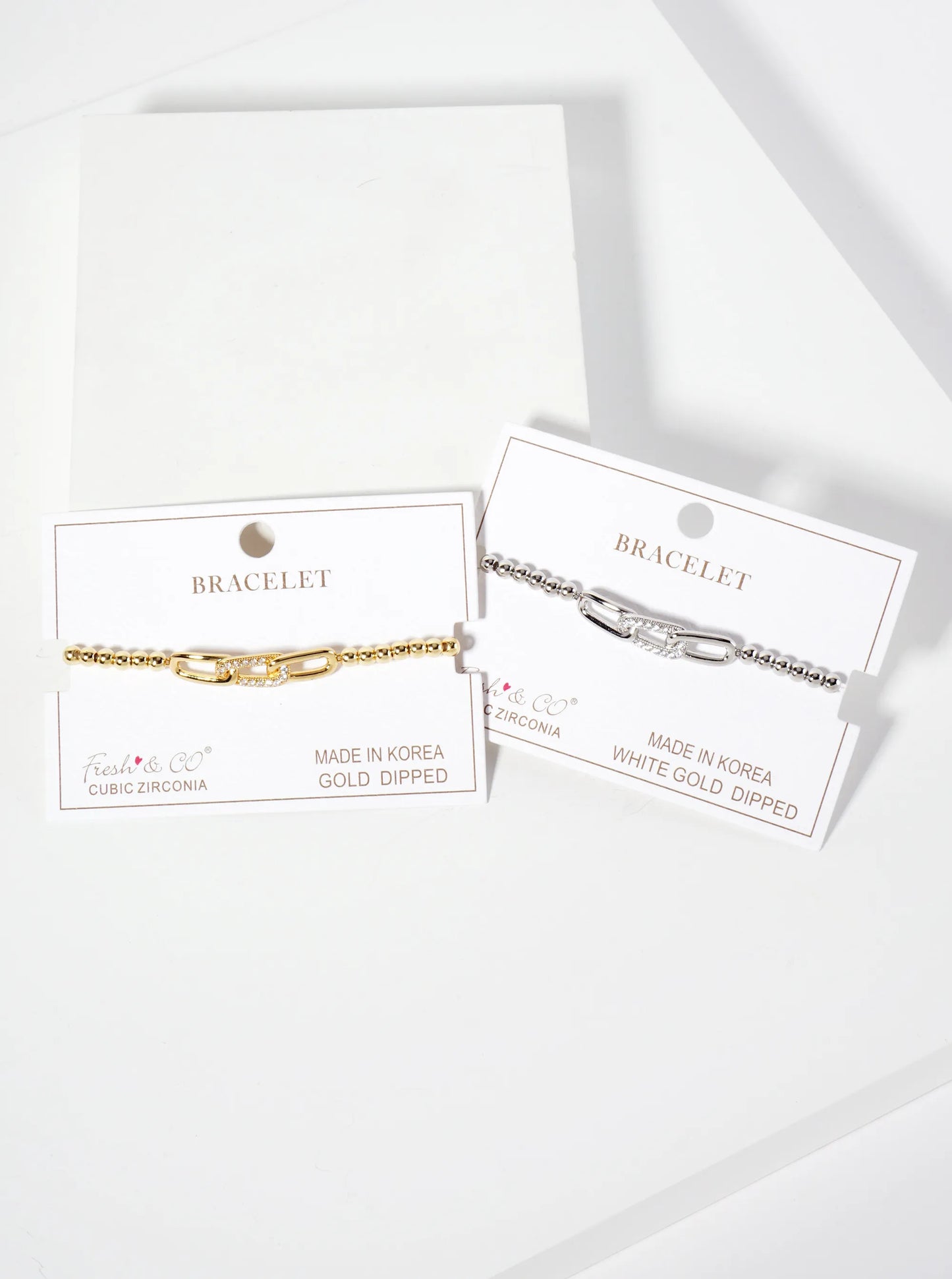 18K-Gold-Dipped Pave-Set Cubic-Zirconia Chain Accent Ball-Beaded Stretch Bracelet