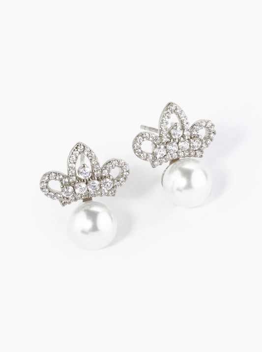 18K Gold Dipped Pave Set Cubic Zirconia Crown With 7mm Pearl Stud Earrings
