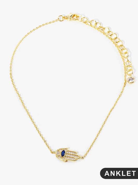 18K Gold Dipped Pave Set Cubic Zirconia Hamsa Chain Anklet
