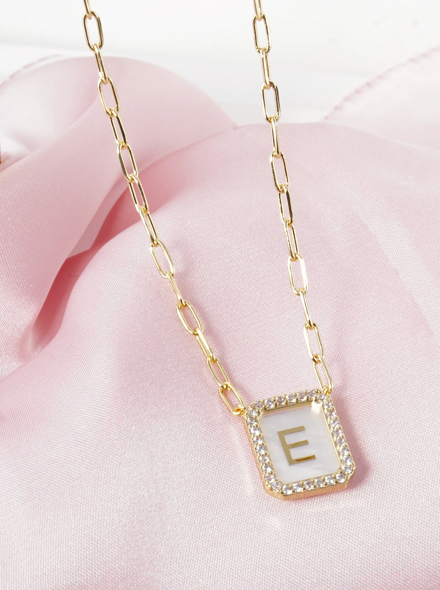 18K Gold Dipped Pave Set Cubic Zirconia Mother Of Pearl Initial Pendant Necklace